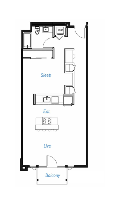 Floor plan for 1 bed, 1 bath, 845 sqft